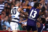 Suspension looming ... Cats full-back Matthew Scarlett lashes out at Fremantle's Hayden Ballantyne