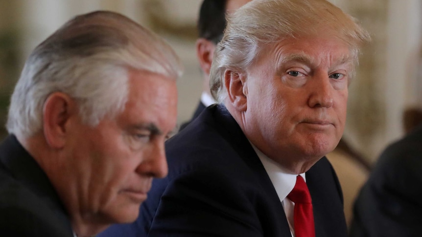 US President Donald Trump sitting next to Secretary of State Rex Tillerson in 2017.