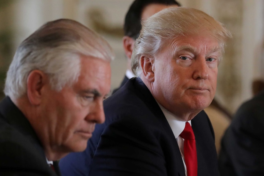 US President Donald Trump sitting next to Secretary of State Rex Tillerson in 2017.