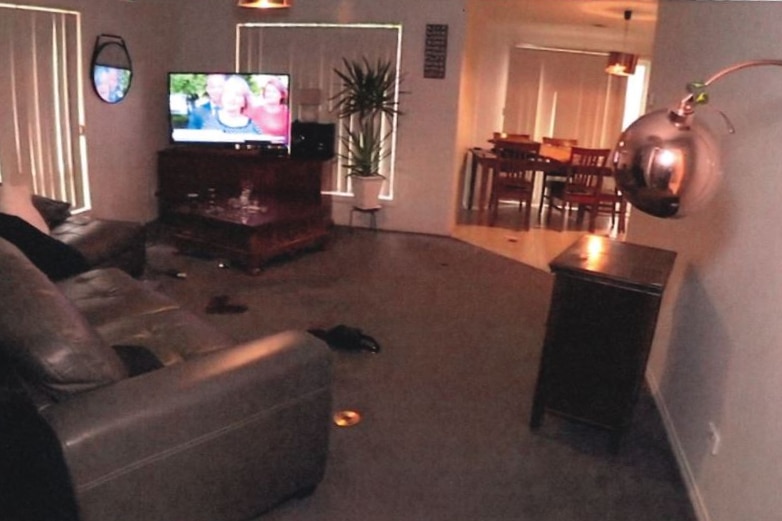 A grainy photograph of a suburban home's living room, with couches and a television.