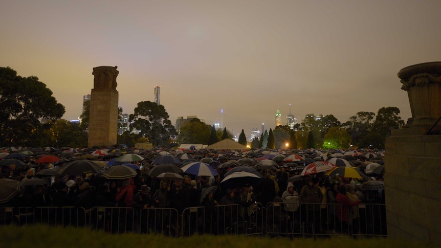 Thousands of people attend dawn at the Shrine of Remembrance commemorating the centenary of Anzac on Anzac Day in Melbourne, Saturday, April 25, 2015.