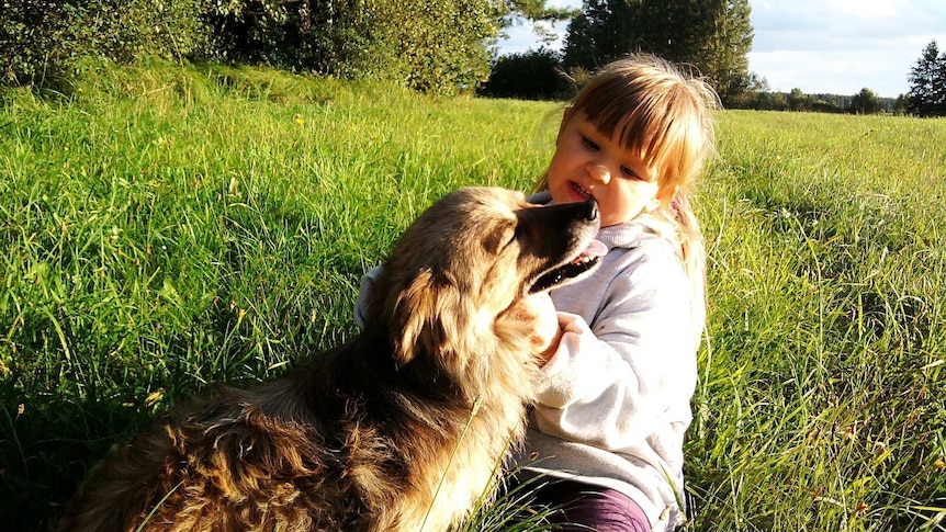 A young girl sitting with a dog in a field