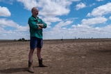A man in a green shirt, shorts and boots stands with his arms crossed in a dry, dusty paddock in outback Queensland.