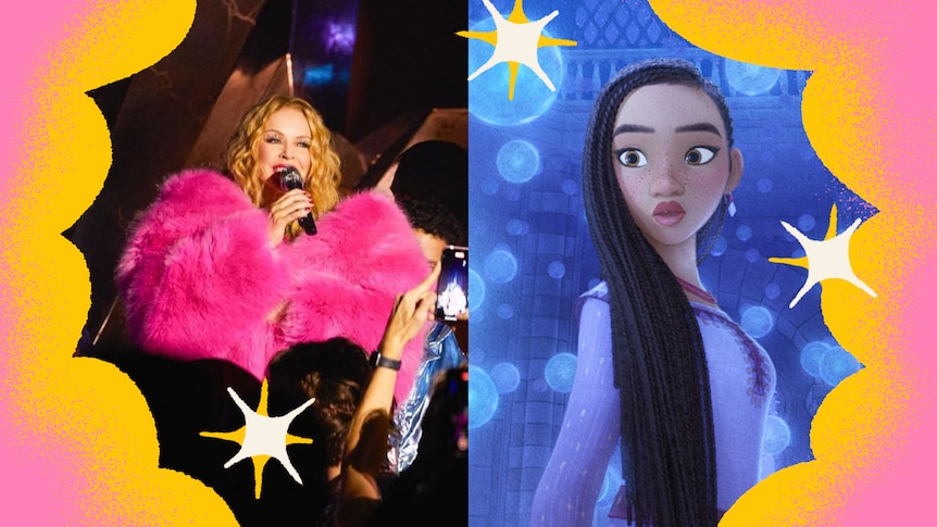 Composite image of Kylie Minogue singing and a cartoon girl from new Disney film wish