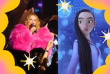 Composite image of Kylie Minogue singing and a cartoon girl from new Disney film wish