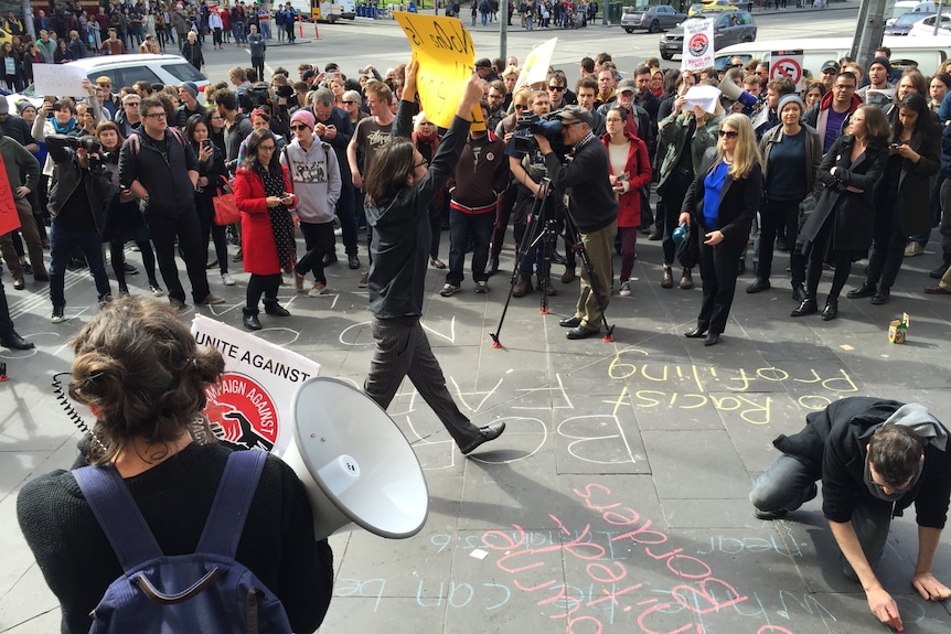 Protests against Australian Border Force visa checks in Melbourne August 28, 2015