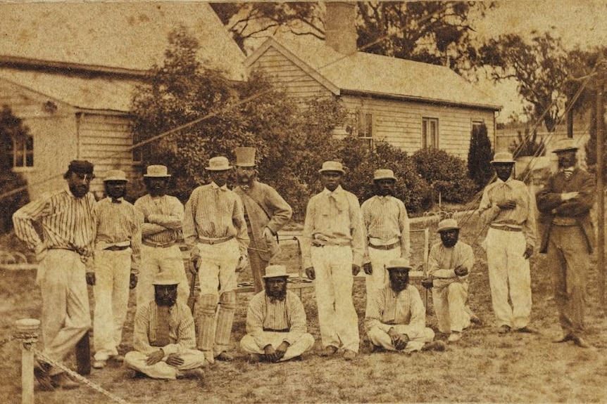 A black and white image of the First Aboriginal XI.