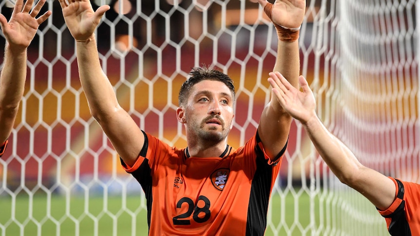 Brandon Borrello celebrates after Brisbane Roar's AFC Champions League win over Global FC.