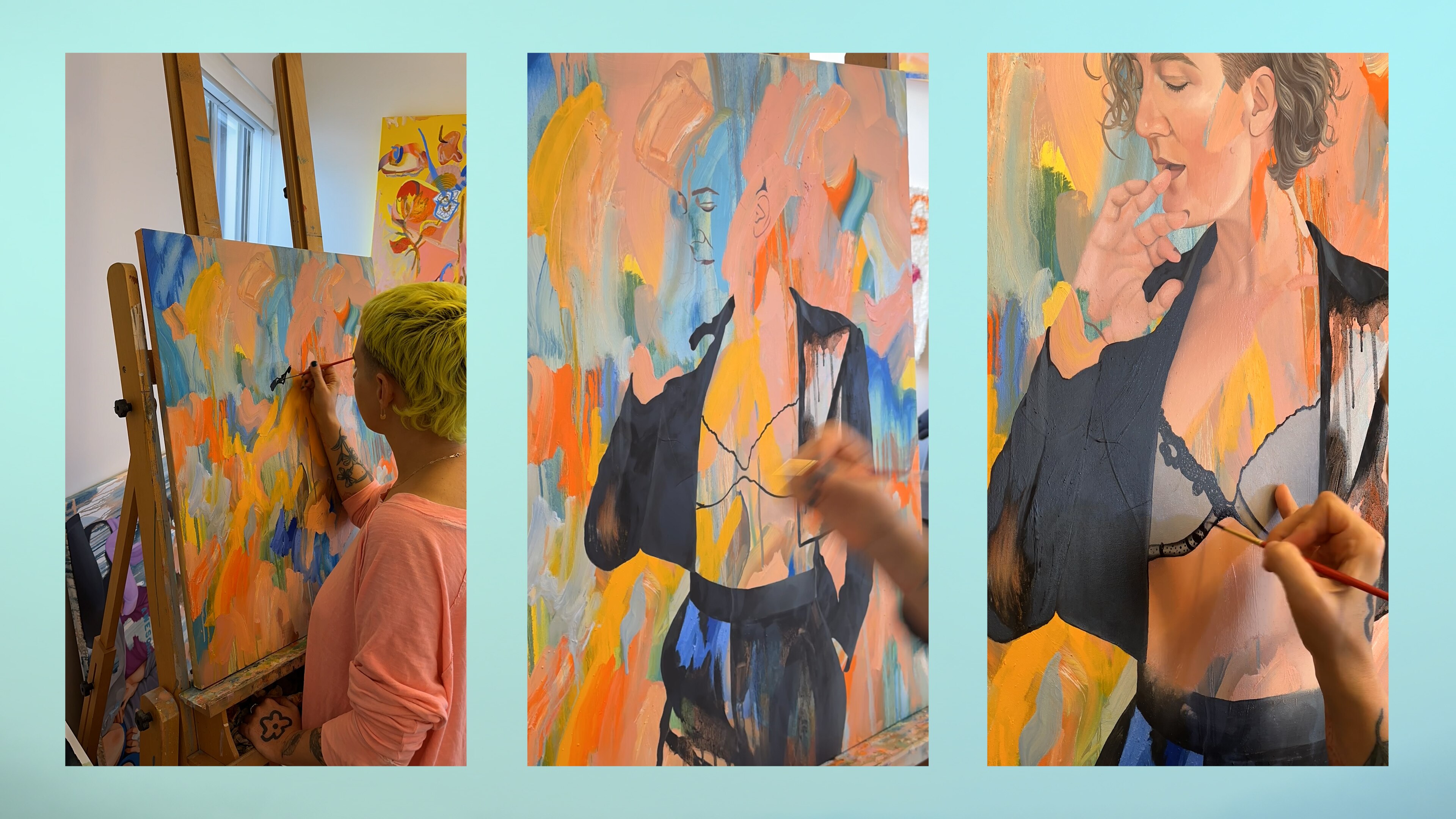 Three stills from videos showing a colourful portrait of Virginia Gay at various stages of completion.