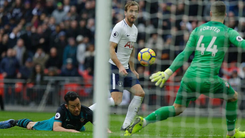 Tottenham Hotspur's Harry Kane scores his third goal against Southampton at Wembley.