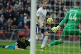 Tottenham Hotspur's Harry Kane scores his third goal against Southampton at Wembley.