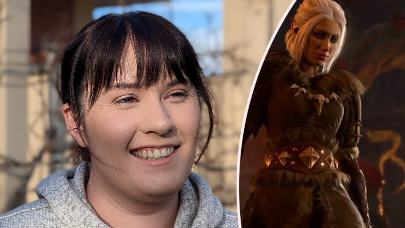 A composite image of a young woman smiling outdoors, and a gaming screengrab of a warrior woman looking at a dog.