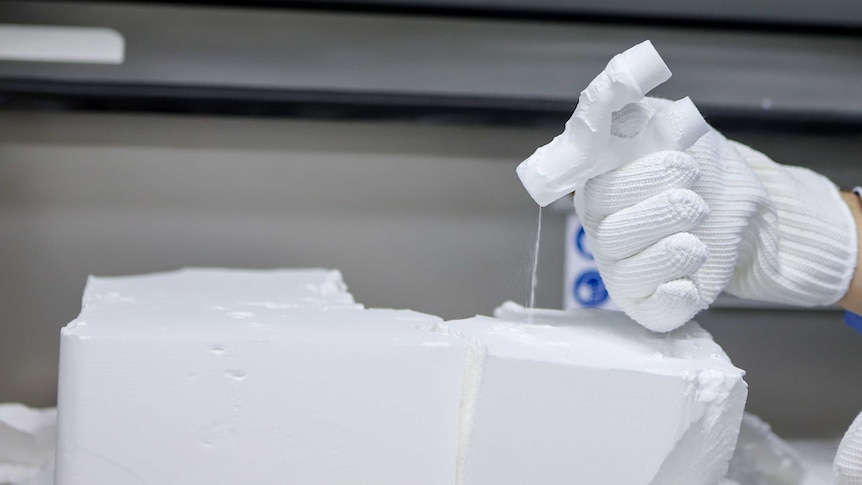 Man in white coat and blue mask holds up  small set of white tubes wearing thick white gloves in a lab type setting