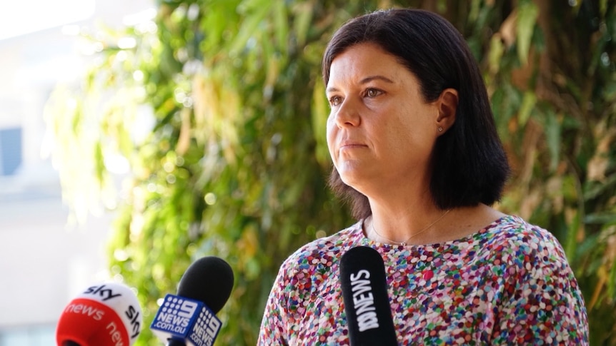 Health Minister Natasha Fyles looks across the camera at a press conference standing in front of microphones.