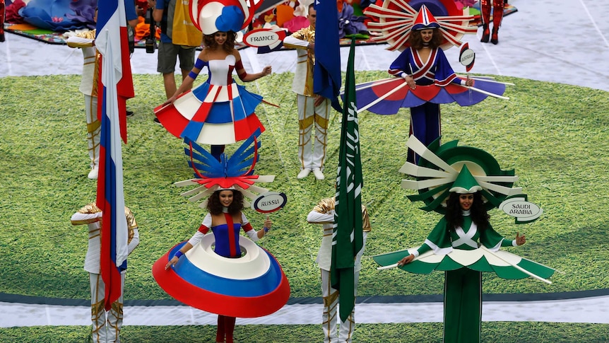 Performers dressed in Russian and Saudi Arabian icons at World Cup opening ceremony