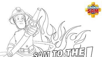 Line drawing of Fireman Sam holding a hose with the text 'Sam To The Rescue!'