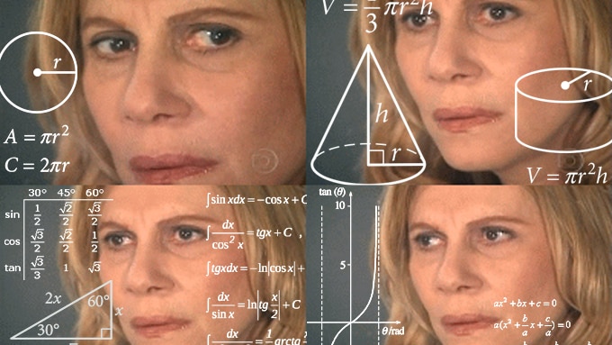 Four images of a confused woman show increasingly complex equations