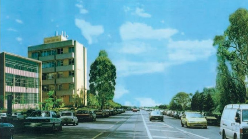 An artist's impression of Royal Parade without any elm trees, with apartments and blue sky lining the side of the road.