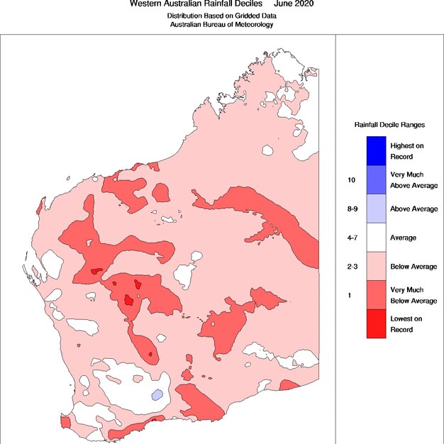 A map of WA showing large red areas indicating below average rainfall across most of the state.