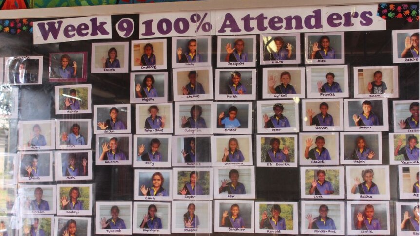 Board at Hope Vale's primary school showing students with 100% attendance for the week.