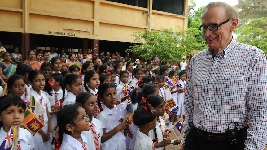 Bob Carr visits a school in Colombo, Sri Lanka in 2012.