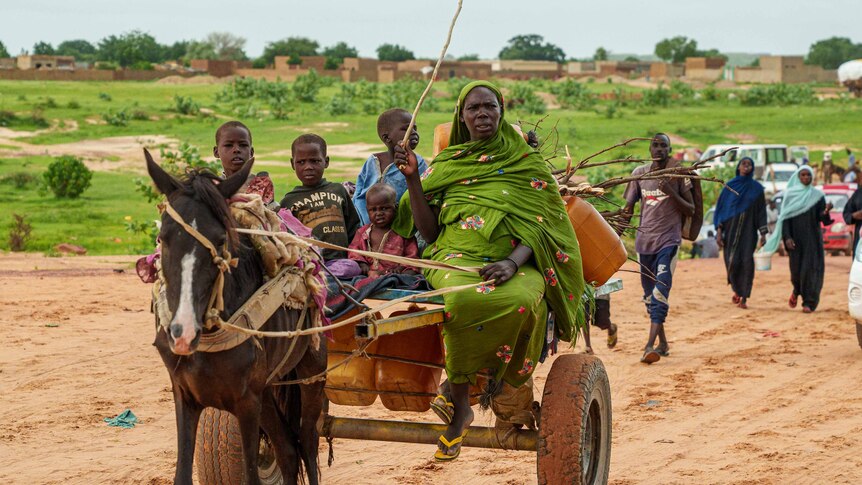 A mother and her three children sit on a cart pulled by a horse.