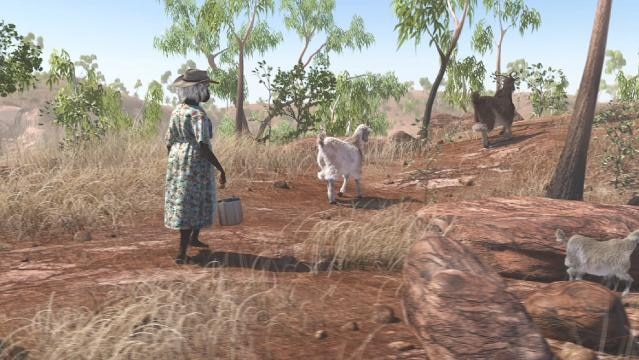 Computer image Indigenous woman walking through landscape with goats