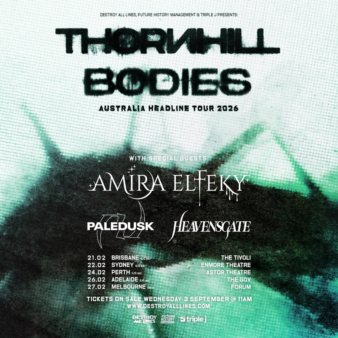 A tour poster advertising Thornhill's Australian tour, with a green and black background, support band logos and tour dates.