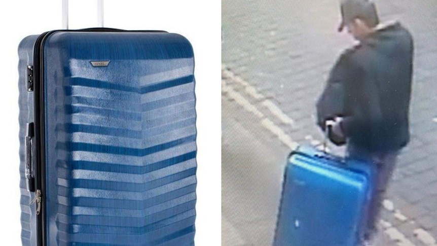 A composite photo of Salman Abedi with a blue suitcase.