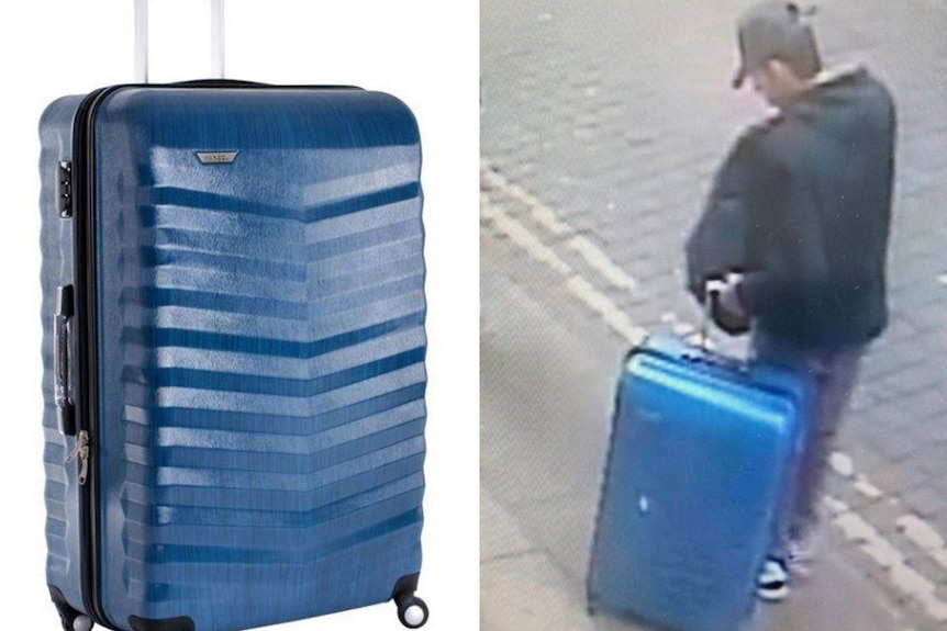 A composite photo of Salman Abedi with a blue suitcase.