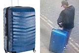 A composite photo of Salman Abedi with a blue suitcase.