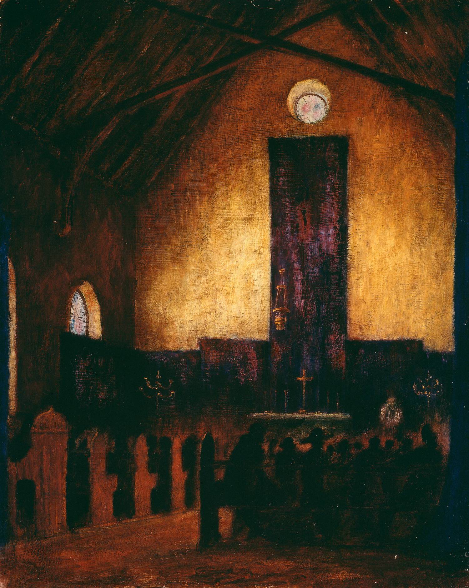 An oil painting of a church interior.