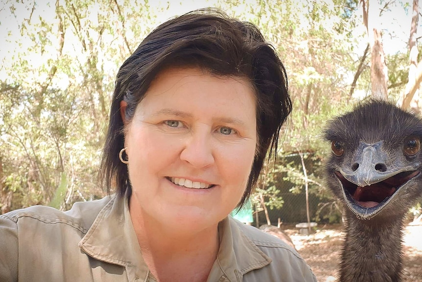 Karen Clarkson with an emu.