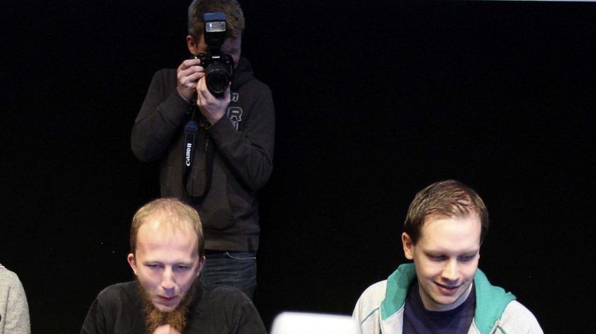 Growing pains ... Gottfrid Svartholm Varg and Peter Sundin, from The Pirate Bay meet the media in Stockholm.