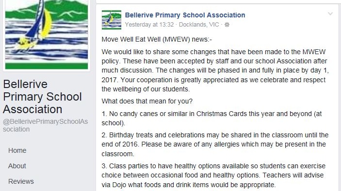 Bellerive Primary School Facebook post banning candy canes December 1. 2016