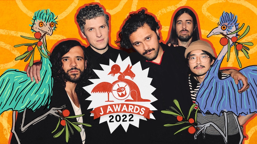 An illustration of cartoon emus and the J Awards 2022 emblem with a photo of Gang of Youths