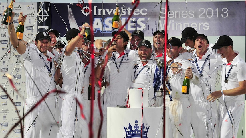 Alastair Cook kisses a replica of the Ashes Urn after the drawn fifth Ashes Test.