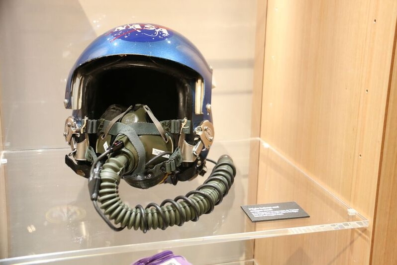 A NASA space helmet on display.