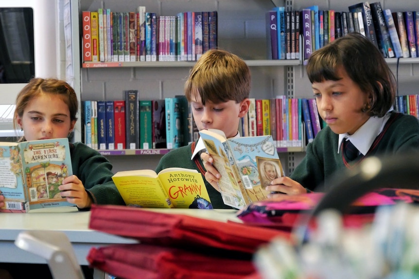 Three students sitting around a table in a school library reading books.