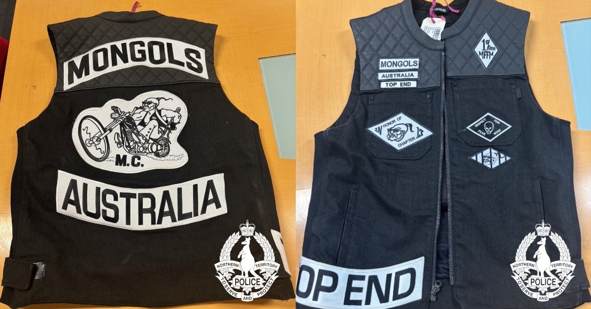 A sleeveless jacket adorned with Mongols bikie gang insignia.