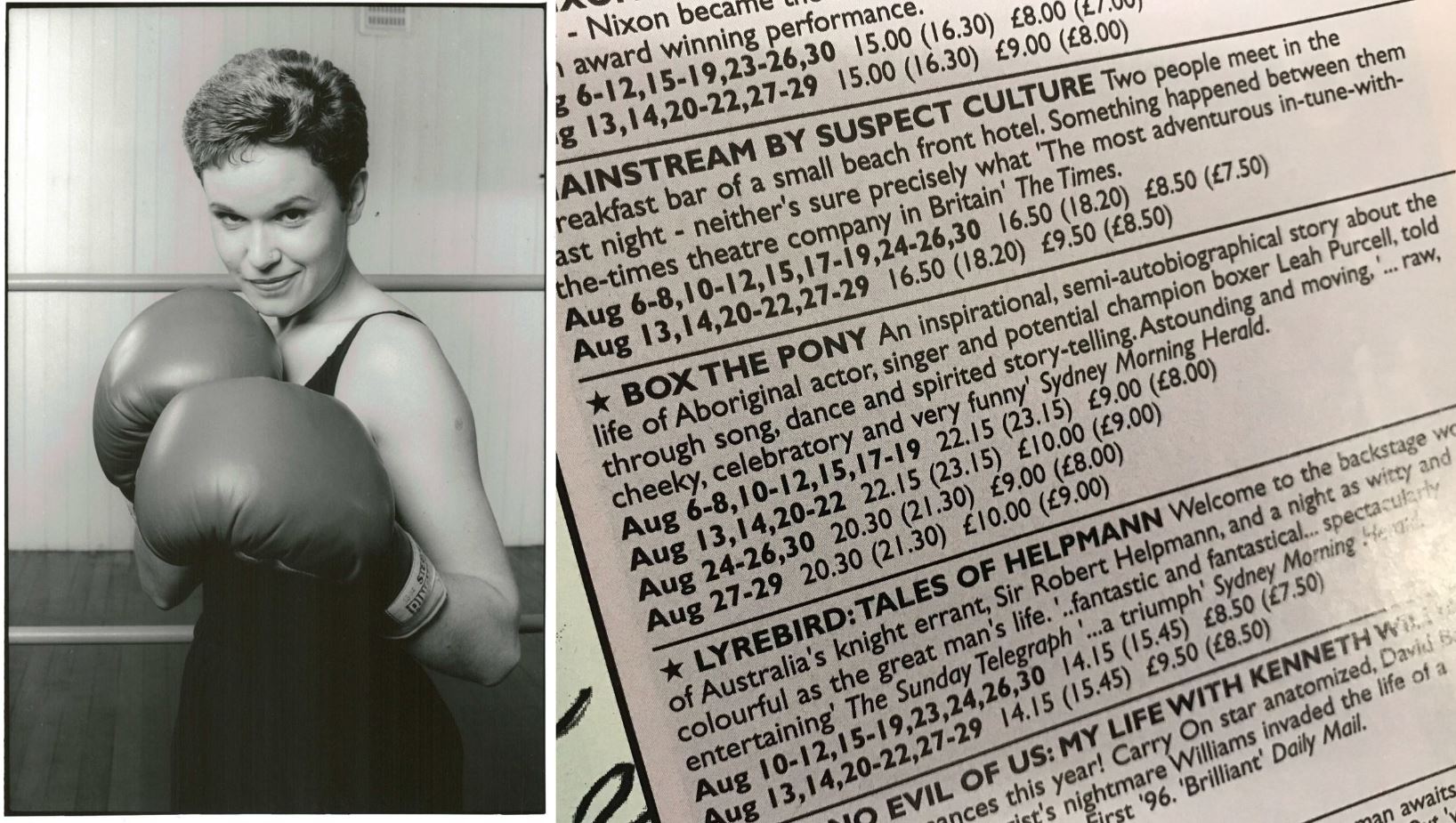 A composite image black and white a woman wearing boxing gloves and a festival program of 'Box the Pony'
