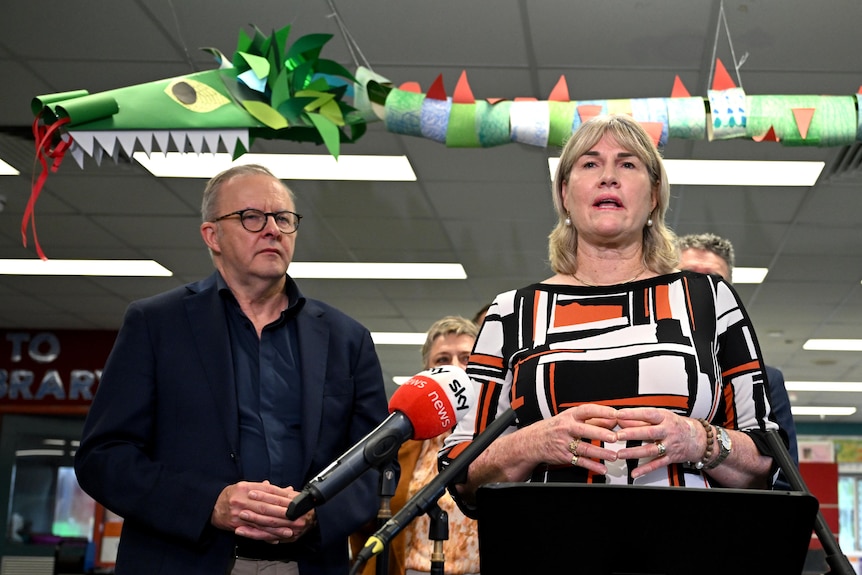 Chief Minister Eva Lawler addressing a press conference while Anthony Albanese stands behind her