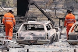 Two men in orange suits inspect a series of burnt out cars.