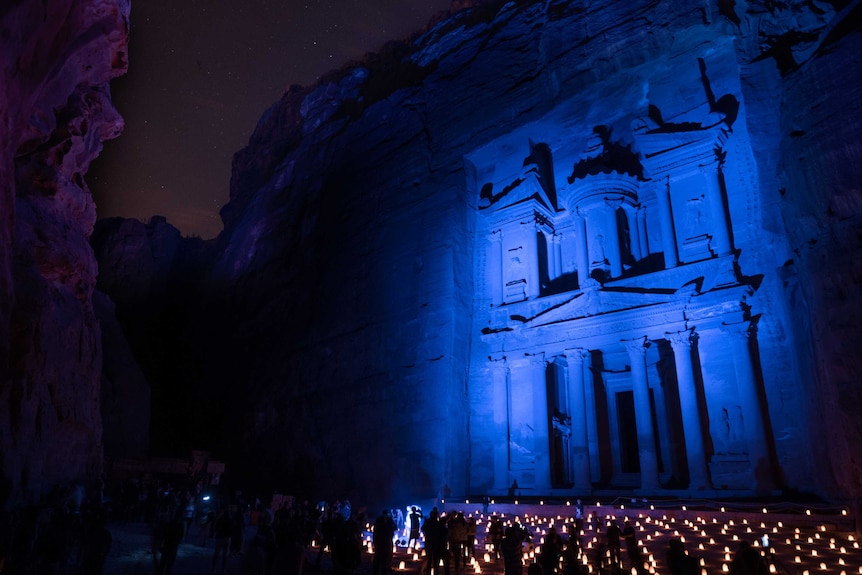 Petra, Jordan lit up in blue for UN 70th anniversary