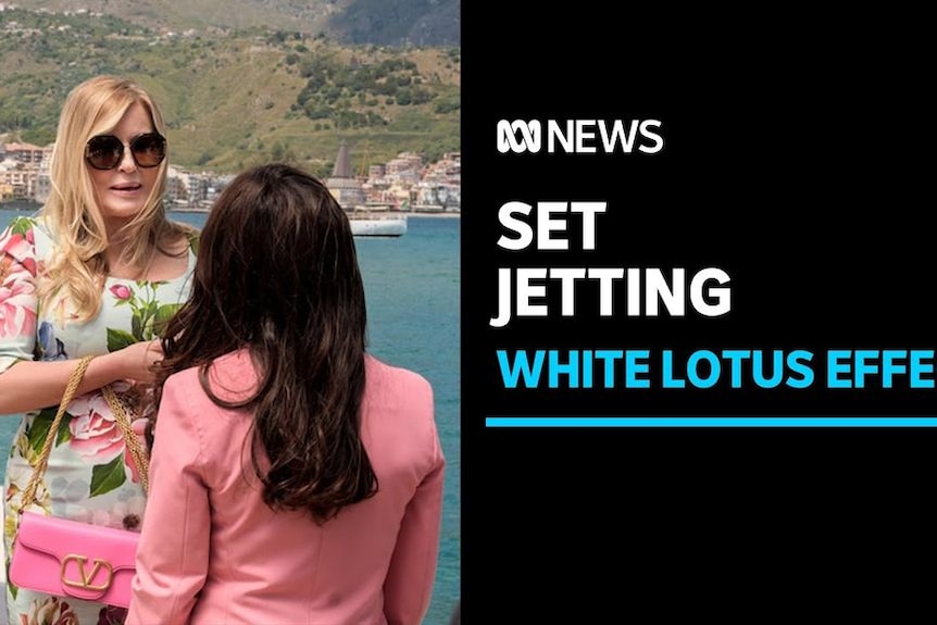 Set Jetting, White Lotus Effect: A still from a television show featuring two woman talking on the deck of a boat.