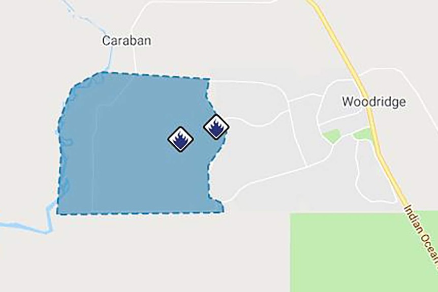 A map showing a blue advice warning area for a bushfire near Gingin.
