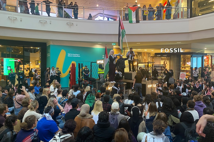 Protesters gathered inside a shopping centre