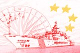 An illustration shows a Chinese military ship against a background in the style of the Chinese flag.