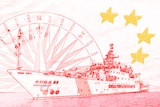 An illustration shows a Chinese military ship against a background in the style of the Chinese flag.