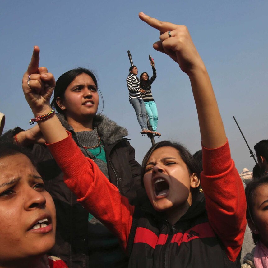 A woman screaming during a protest in India